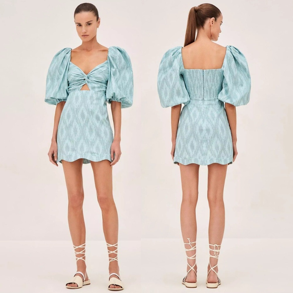 NWT Alexis Valera Jade Weave Mini Dress Puff Sleeve Teal Chevron Size XS